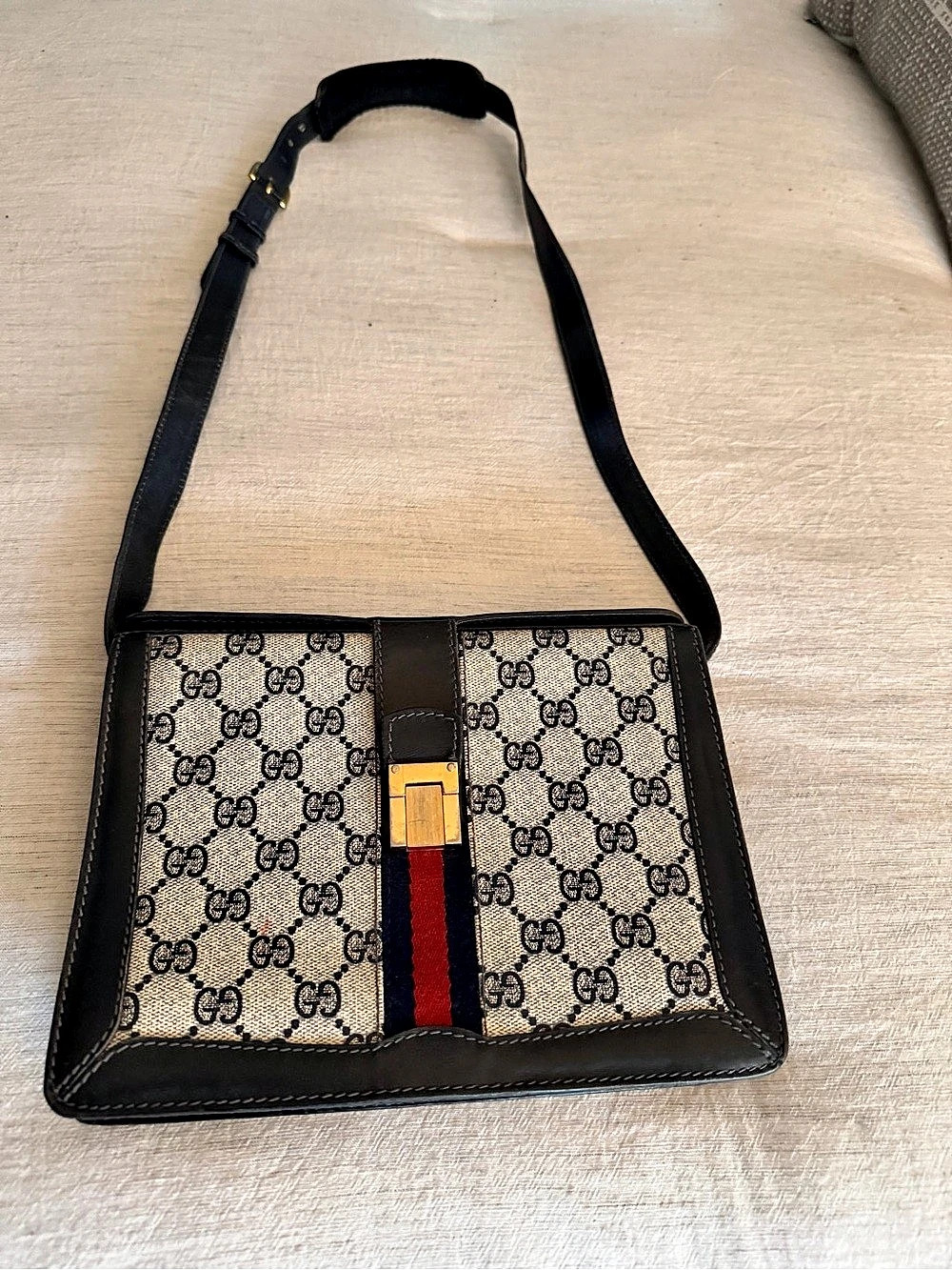 Gucci Vintage Gucci GG Monogram Blue Coated Canvas Web Stripe Shoulder Bag